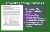 Investigating Careers My Action Plan Career Analysis Forms MyCareersRoom Allows you to compare and contrast alternative careers Encourages you to acquire.