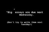 “Big” essays are due next Wednesday. (Don’t try to write them next Tuesday!)