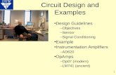 1 Circuit Design and Examples Design Guidelines –Objectives –Sensor –Signal Conditioning Example Instrumentation Amplifiers –AD620 OpAmps –Op07 (modern)