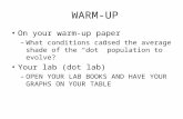 WARM-UP On your warm-up paper –What conditions caused the average shade of the “dot” population to evolve? Your lab (dot lab) –OPEN YOUR LAB BOOKS AND.