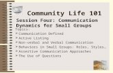Community Life 101 Topics:  Communication Defined  Active Listing  Non-verbal and Verbal Communication  Behaviors in Small Groups: Roles, Styles…