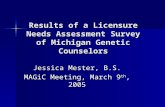 Results of a Licensure Needs Assessment Survey of Michigan Genetic Counselors Jessica Mester, B.S. MAGiC Meeting, March 9 th, 2005.