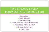 Agenda: 1. Bell Ringer 2. Vocabulary 3. Skill Focus: Sound Devices 4. Practice “The Bells” 5. Group Analysis 6. Exit Slip Day 4 Poetry Lesson March 23.