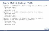 © 2007 SRI International 1 Dan’s Multi-Option Talk Option 1: HUMIDRIDE: Dan’s Trip to the East Coast –Whining: High –Duration: Med –Viruses: Low Option.