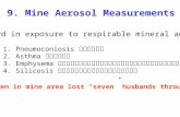 9. Mine Aerosol Measurements Health harzard in exposure to respirable mineral aerosol: 1. Pneumoconiosis โรคปอด 2. Asthma โรคหืด 3. Emphysema การพองลมของเนื้อเยื่อหรือถุงลม.