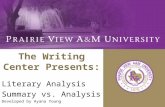The Writing Center Presents: Literary Analysis Summary vs. Analysis Developed by Ayana Young.