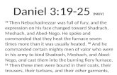 Daniel 3:19-25 (NKJV) 19 Then Nebuchadnezzar was full of fury, and the expression on his face changed toward Shadrach, Meshach, and Abed-Nego. He spoke.