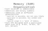 Memory (RAM) Organization Each location is addressable Addresses are binary numbers Addresses used at different granularities –each bit is possible, but.