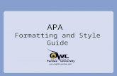APA Formatting and Style Guide. What is APA? American Psychological Association (APA) is the most commonly used format for manuscripts in the Social Sciences.