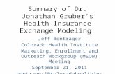 Summary of Dr. Jonathan Gruber’s Health Insurance Exchange Modeling Jeff Bontrager Colorado Health Institute Marketing, Enrollment and Outreach Workgroup.