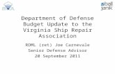 Department of Defense Budget Update to the Virginia Ship Repair Association RDML (ret) Joe Carnevale Senior Defense Advisor 20 September 2011.