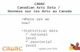 1 CADAC Canadian Arts Data / Données sur les Arts au Canada Where are we now? Statistical data national level provincial level Next steps - Update, June.