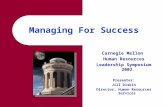 Managing For Success Carnegie Mellon Human Resources Leadership Symposium 2002 Presenter: Jill Diskin Director, Human Resources Services.