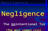 Negligence The Unintentional Tort (The most common civil action) Negligence.