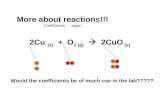 More about reactions!!! Coefficients…..again 2Cu (s) + O 2 (g)  2CuO (s) Would the coefficients be of much use in the lab?????