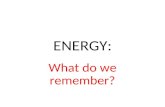 ENERGY: What do we remember?. ENERGY Where is energy found and when? Energy is around you all the time What is energy? Ability to do work When work is.