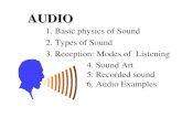 AUDIO 1. Basic physics of Sound 2. Types of Sound 3. Reception: Modes of Listening 4. Sound Art 5. Recorded sound 6. Audio Examples.