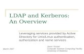 LDAP and Kerberos: An Overview Leveraging services provided by Active Directory for Unix/Linux authentication, authorization and name services Jason Testart