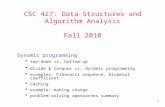 1 CSC 427: Data Structures and Algorithm Analysis Fall 2010 Dynamic programming  top-down vs. bottom-up  divide & conquer vs. dynamic programming  examples:
