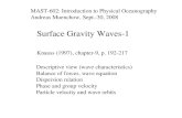 Surface Gravity Waves-1 Knauss (1997), chapter-9, p. 192-217 Descriptive view (wave characteristics) Balance of forces, wave equation Dispersion relation.
