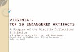 VIRGINIA’S TOP 10 ENDANGERED ARTIFACTS A Program of the Virginia Collections Initiative Virginia Association of Museums Connecting to Collections Online.