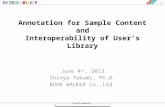 Confidential 1 Annotation for Sample Content and Interoperability of User’s Library June 4 th, 2013 Shinya Takami, Ph.D. BOOK WALKER Co.,Ltd.