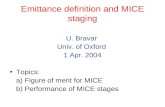 Emittance definition and MICE staging U. Bravar Univ. of Oxford 1 Apr. 2004 Topics: a) Figure of merit for MICE b) Performance of MICE stages.