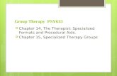 Group Therapy PSY633  Chapter 14, The Therapist: Specialized Formats and Procedural Aids.  Chapter 15, Specialized Therapy Groups.