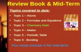 Topics covered to date: Topic 1 – Atoms Topic 2 – Formulas and Equations Topic 3 – Chemistry Math Topic 4 – Matter Topic 5 – Periodic Table Topic 6 - Bonding.