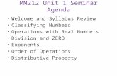 MM212 Unit 1 Seminar Agenda Welcome and Syllabus Review Classifying Numbers Operations with Real Numbers Division and ZERO Exponents Order of Operations.