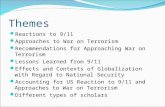 Themes Reactions to 9/11 Approaches to War on Terrorism Recommendations for Approaching War on Terrorism Lessons Learned from 9/11 Effects and Contexts.