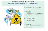 ACCELERATOR DIVISION WASTE GENERATOR’S TRAINING  Responsibilities  Waste Characterization  Container Labeling  SAA Requirements REVISED 06/03/2010.