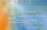 ICP2008, July 20-25, Berlin, Germany IS-008 Tolerance for ambiguity, creativity, and personality Relation of ambiguity tolerance Relation of ambiguity.