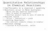 1 Quantitative Relationships in Chemical Reactions Coefficients in a reaction = quantity Reactions occur in Mole multiples –Moles are key reaction quantities.