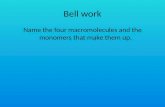 Bell work Name the four macromolecules and the monomers that make them up.