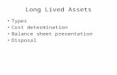 Long Lived Assets Types Cost determination Balance sheet presentation Disposal