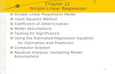 1 Chapter 12 Simple Linear Regression Simple Linear Regression Model Least Squares Method Coefficient of Determination Model Assumptions Testing for Significance.