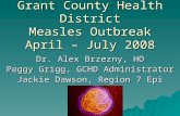 Grant County Health District Measles Outbreak April – July 2008 Dr. Alex Brzezny, HO Peggy Grigg, GCHD Administrator Jackie Dawson, Region 7 Epi.
