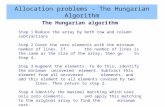 Allocation problems - The Hungarian Algorithm The Hungarian algorithm Step 1Reduce the array by both row and column subtractions Step 2Cover the zero elements.