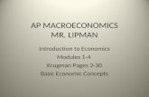 AP MACROECONOMICS MR. LIPMAN Introduction to Economics Modules 1-4 Krugman Pages 2-30 Basic Economic Concepts.