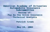 1 American Academy of Actuaries Automobile Insurance Subcommittee Review of: Pay As You Drive Insurance Technical Analysis Patrick Crowe May 19, 2003.