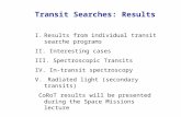 Transit Searches: Results I.Results from individual transit searche programs II. Interesting cases III. Spectroscopic Transits IV. In-transit spectroscopy.
