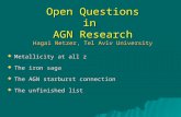 Open Questions in AGN Research Hagai Netzer, Tel Aviv University  Metallicity at all z  The iron saga  The AGN starburst connection  The unfinished.