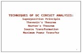 1 TECHNIQUES OF DC CIRCUIT ANALYSIS: Superposition Principle Thevenin’s Theorem Norton’s Theorem Source Transformation Maximum Power Transfer.