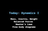 Today: Dynamics I Mass, Inertia, Weight Balanced Forces Newton’s Laws Free-body diagrams.