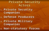 Private Security Actors 1. Private Security Companies 2. Defense Producers 3. Private Military Companies 4. Non-statutory forces 5. Mercenaries.