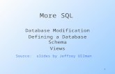 1 More SQL Database Modification Defining a Database Schema Views Source: slides by Jeffrey Ullman.