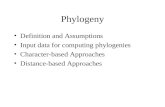 Phylogeny Definition and Assumptions Input data for computing phylogenies Character-based Approaches Distance-based Approaches.