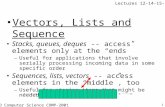UCD Computer Science COMP-2001 1 Vectors, Lists and Sequence Stacks, queues, deques -- access elements only at the “ends” –Useful for applications that.