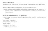 What is Weather? Weather = the state of the atmosphere at some specific time and place. What is the difference between weather and climate? Climate is.